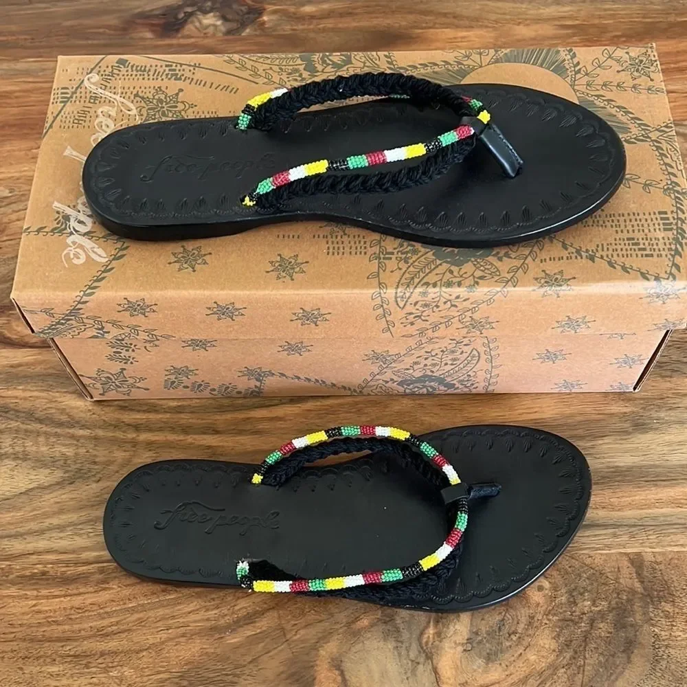 NWT Free People Menorca Thong Flip Flop Leather Beaded Sandal 36 black